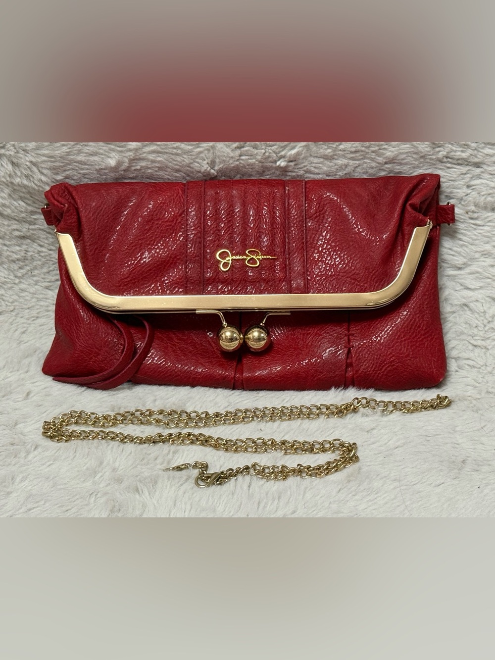 Jessica Simpson Red Leather Kiss-Lock Clutch with Gold Chain